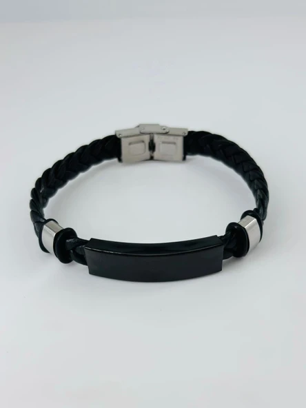 Siyah Deri / Çelik Erkek Deri Bileklik 20 Cm - Ebl0031 ürün görseli 1