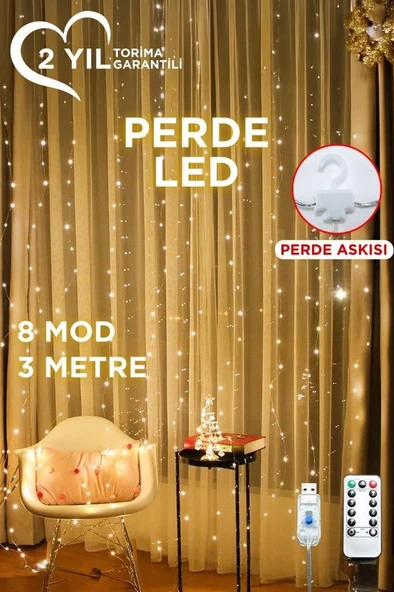 Lw-7 300 Ledli 10 Sarkıt Perde Led Işık, 8 Modlu Uzaktan Kumandalı, 3X3 Metre Peri Telli Led ürün görseli 1