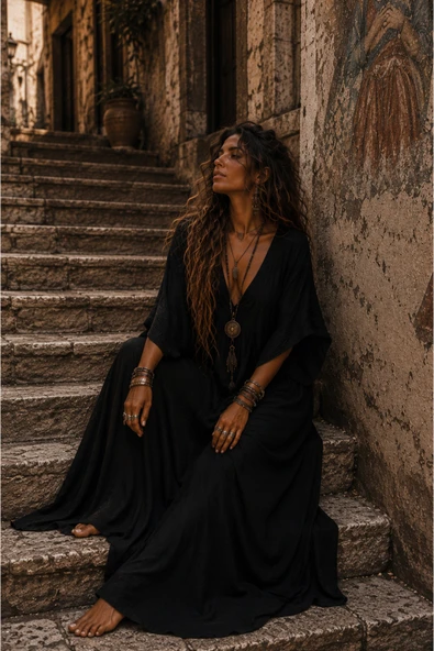 Shadow Muse Elbise Salaş Derin V Yaka - Resim 2