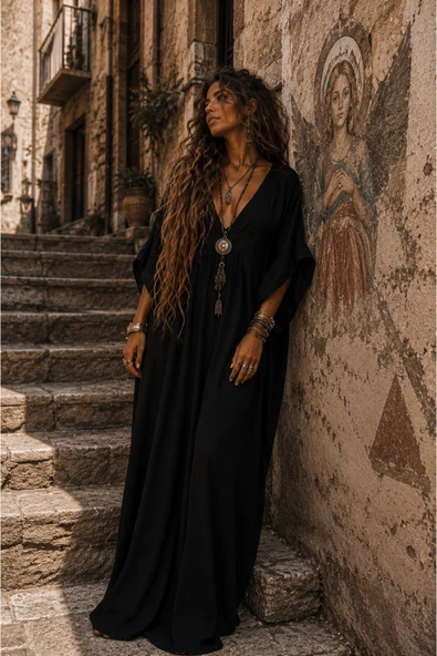Shadow Muse Elbise Salaş Derin V Yaka - Resim 3