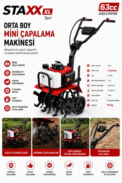 XL Seri Profesyonel Bahçe Çapa Makinesi 20HPX 63cc 2 Zamanlı Motorlu Kompakt Toprak İşleme 19Kg ürün görseli 1