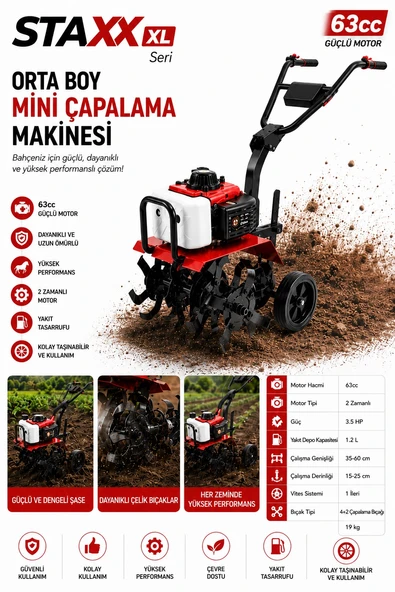 Staxx XL 63cc Benzinli Mini Çapa Makinesi 2 Zamanlı 20HPX Güçlü Şanzımanlı Bahçe Toprak İşleme 19 Kg ürün görseli 1