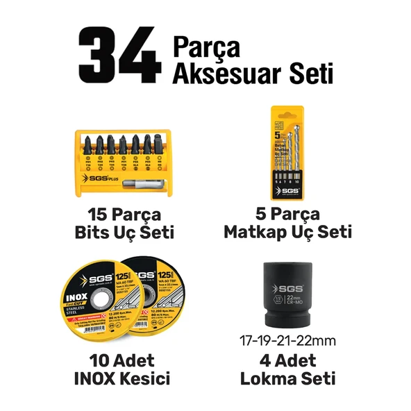 COMBO SGS SET 5 PARÇA (Darbeli Matkap/Kırıcı-Delici Matkap/Avuç Taslama Makinesi/Darbeli Somun Sıkma/Led Fener) ürün görseli 1