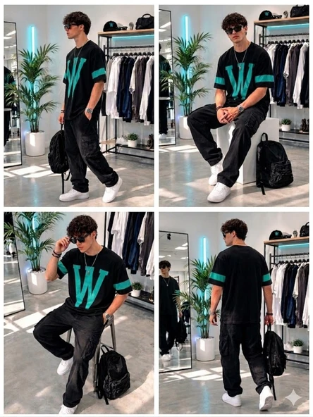 Erkek Siyah Baskılı Oversize T-Shirt - Resim 4