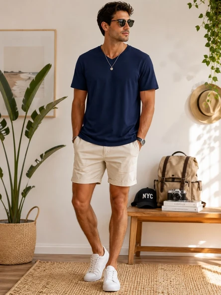 Erkek Lacivert V Yaka Slim Fit T-Shirt ürün görseli 1