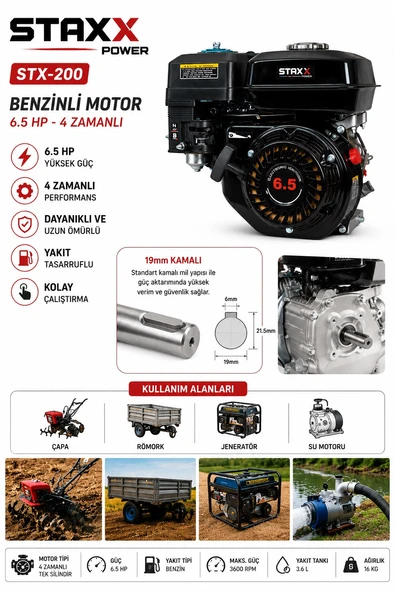 Staxx Çok Amaçlı Benzinli Motor 6.5 Hp 4 Zamanlı Çapa Su Motoru Jeneratör Go Kart İçin 19mm Kamalı ürün görseli 1