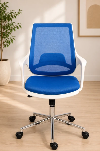 Ergonomik Mavi Fileli Ofis Koltuğu, Beyaz Gövde, Krom Ayaklı, Yükseklik Ayarlı Çalışma ve Bilgisayar Koltuğu ürün görseli 1