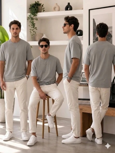 Erkek Gri O Yaka Basic T-Shirt - Resim 4