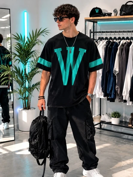 Erkek Siyah Baskılı Oversize T-Shirt ürün görseli 1