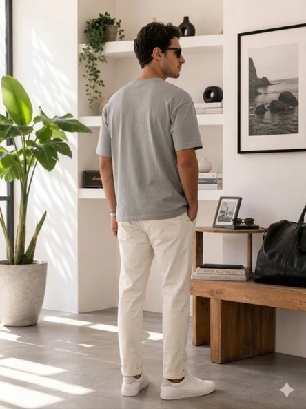 Erkek Gri O Yaka Basic T-Shirt - Resim 3