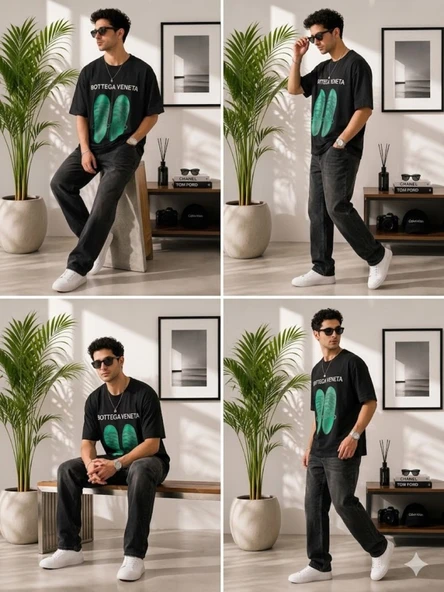 Erkek Siyah Oversize T-Shirt - Resim 4