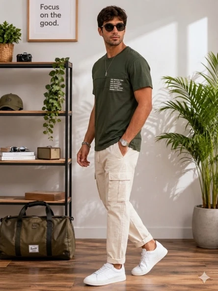 Erkek Haki O Yaka Basic T-Shirt - Resim 2