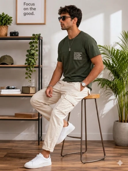 Erkek Haki O Yaka Basic T-Shirt - Resim 3
