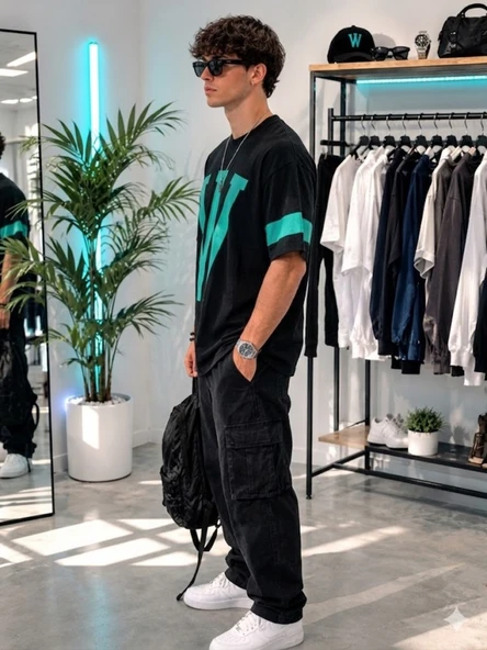 Erkek Siyah Baskılı Oversize T-Shirt - Resim 2