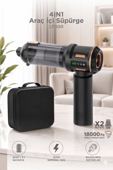 Araç İçi Süpürge 4 ın 1 Çok Fonksiyonlu Şarjlı Mini Ev Kullanımı İçin El Süpürgesi LT100 Siyah ürün görseli 1