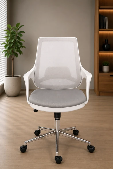 Ergonomik Ofis Çalışma Koltuğu, File Sırtlı, Bel Destekli, Tekerlekli, Modern Tasarım (Beyaz/gri) ürün görseli 1