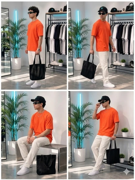 Erkek Turuncu O Yaka Basic T-Shirt - Resim 4
