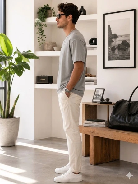 Erkek Gri O Yaka Basic T-Shirt - Resim 2