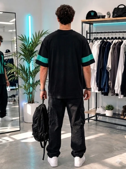 Erkek Siyah Baskılı Oversize T-Shirt - Resim 3