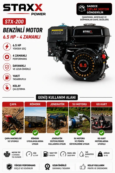 Staxx 6.5HP Benzinli Motor 4 Zamanlı 19mm Kamalı Mil Go Kart -  Çapa-  Jeneratör - Su Pompası Motoru ürün görseli 1