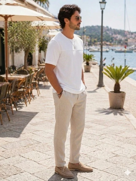 Erkek Beyaz Basic T-Shirt - Resim 3