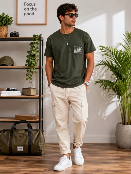 Erkek Haki O Yaka Basic T-Shirt ürün görseli 1
