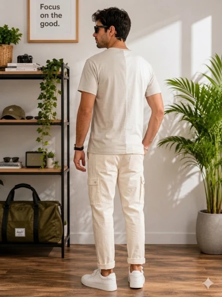 Erkek Beyaz O Yaka Basic T-Shirt - Resim 3