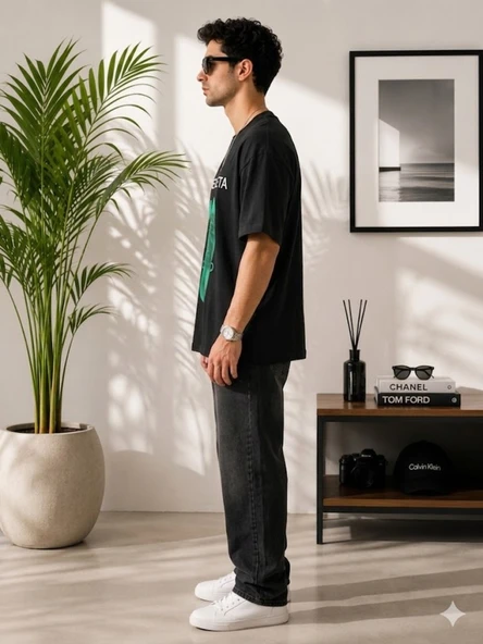 Erkek Siyah Oversize T-Shirt - Resim 2