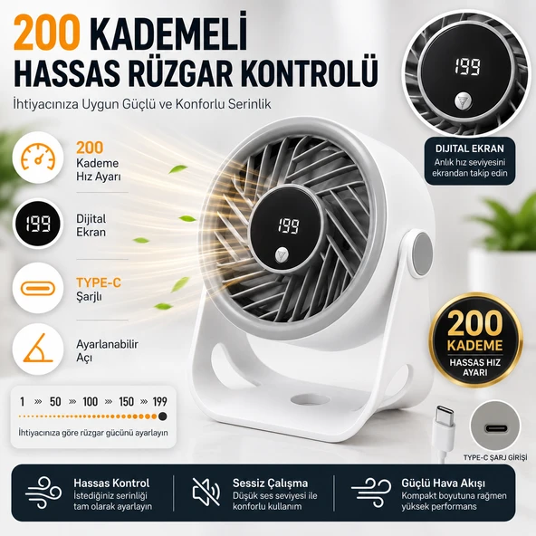 Şarjlı Masaüstü Mini Vantilatör 200 Kademeli Dijital Ekranlı TypeC Şarjlı 360 DERECE Ayarlanabilir Sessiz Fan ürün görseli 1