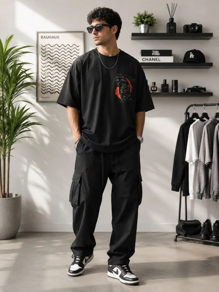 Erkek Siyah Sırt Baskılı Oversize T-Shirt ürün görseli 1