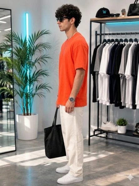 Erkek Turuncu O Yaka Basic T-Shirt - Resim 2