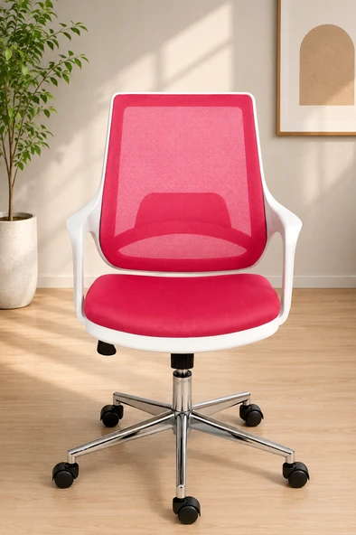 Ergonomik Fileli Ofis Koltuğu Pembe, Krom Ayaklı, Tekerlekli, Modern Çalışma ve Home Office Koltuğu ürün görseli 1