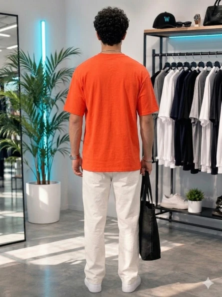 Erkek Turuncu O Yaka Basic T-Shirt - Resim 3