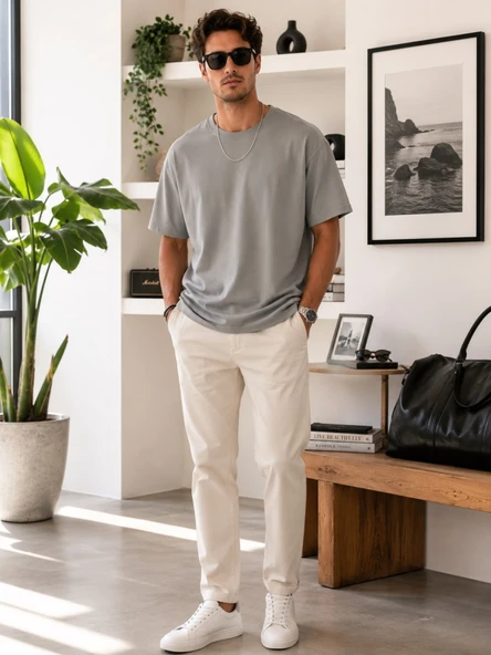 Erkek Gri O Yaka Basic T-Shirt ürün görseli 1
