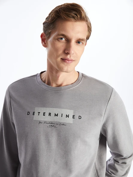 LCWAIKIKI Classic Gri Bisiklet Yaka Uzun Kollu Baskılı Erkek Sweatshirt ürün görseli 1