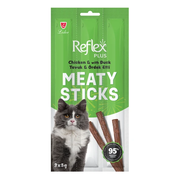Reflex Plus Meaty Sticks Tavuklu ve Ördek Etli Tahılsız Kedi Ödül Çubuğu 15gr (3'lü) ürün görseli 1