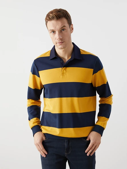 LCWAIKIKI Basic Sarı Polo Yaka Uzun Kollu Çizgili Erkek Sweatshirt ürün görseli 1