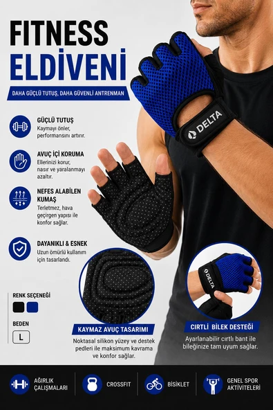 Delta Fitness Eldiveni Kaymaz Avuç İçi Destekli Spor Eldiveni Mavi-Siyah ürün görseli 1