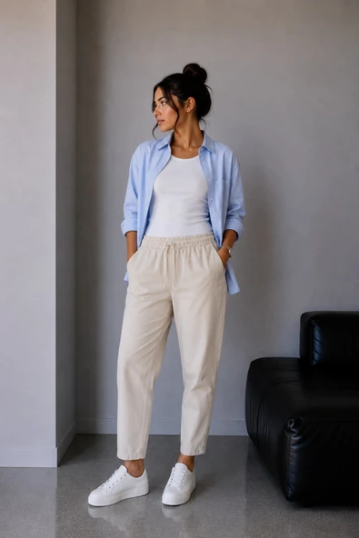 1019 Kadın %100 Pamuk Gabardin Lastikli Bel Havuç Kesim Pantolon Bej ürün görseli 1