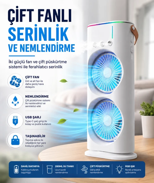 Çift Fanlı Nemlendirmeli Masaüstü Vantilatör USB Şarjlı 3 Kademeli Hız Ayarlı 360 DERECE Dönebilen Fanlı Taşınabilir Hava Serinletici ürün görseli 1