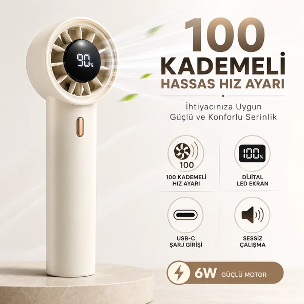 Taşınabilir El Vantilatörü, Dijital Ekranlı Mini Fan, 100 Kademeli Hız Ayarlı, USB-C Şarjlı, 6W Güçlü Motorlu, Sessiz ve Kompakt Tasarım, Seyahat ve Günlük Kullanım İçin ürün görseli 1