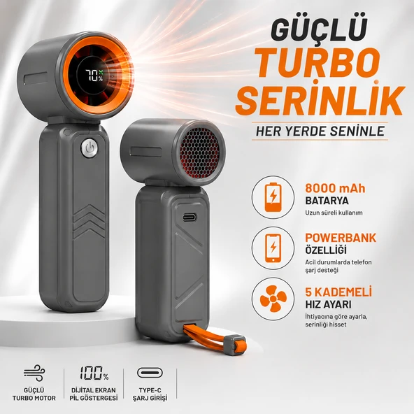 Taşınabilir Turbo El Vantilatörü, 8000 mAh Şarjlı Mini Fan, Dijital Ekranlı, 5 Kademeli Hız Ayarlı, Dahili Type-C Kablolu, Powerbank Özellikli, Seyahat ve Ofis İçin ürün görseli 1