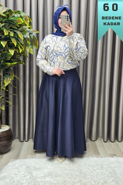 Kadın Giyim Büyük Beden Mevlana Model Yandan Fermuarlı Krep Saten Tek Renk Etek ürün görseli 1