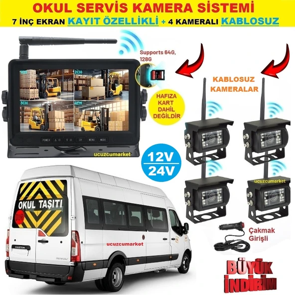 OKUL SERVİS KAMERA SİSTEMİ (7 Inç Kayıt Yapabilen Ekran + 4 adet Kablosuz Kamera Hepsi Bir Arada) ürün görseli 1