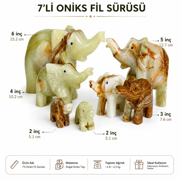 7’li Doğal Oniks Fil Seti Dekoratif Taş Fil Biblo  El Yapımı Feng Shui Şans Fil Sürüsü Ev Ofis Dekoru ürün görseli 1