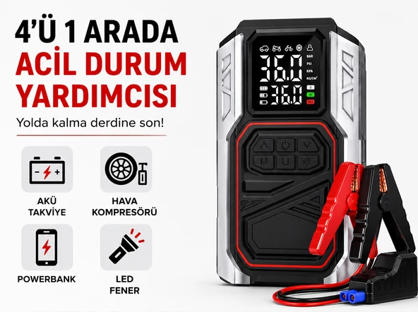 Akü Takviyeli Hava Kompresörü 150 PSI, 10.000 mAh Taşınabilir Jump Starter, Dijital Ekranlı Lastik Şişirme Pompası, USB Powerbank ve LED Fener Özellikli ürün görseli 1
