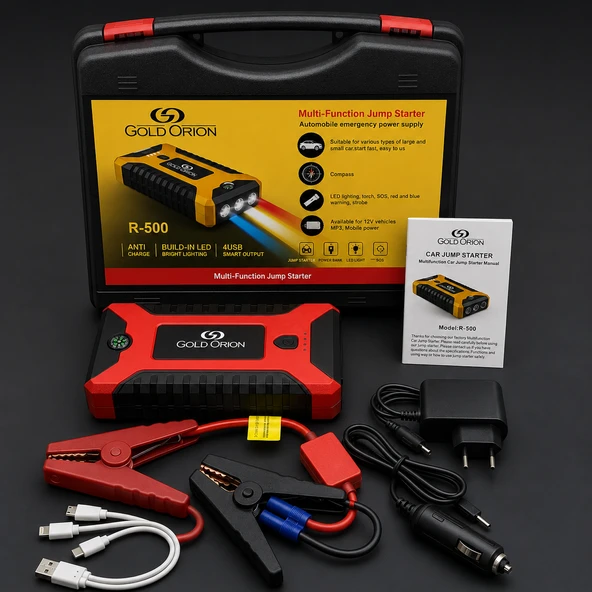 Gold Orion R-500 Çok Fonksiyonlu Taşınabilir Araç Akü Takviye Cihazı - 12V Jump Starter, Powerbank ve Fener ürün görseli 1
