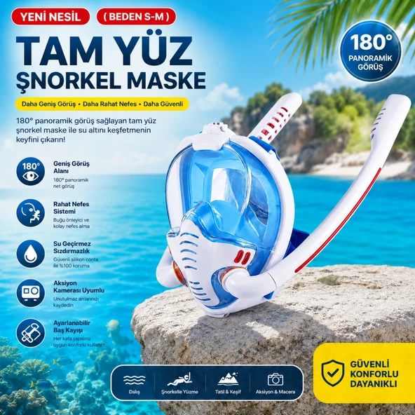 HyMark Çift Tüplü Şnorkel Maskesi (S-M) Beden Tam Kuru Dalış Yüzme Maskesi Full Face Dalış Gözlüğü ürün görseli 1
