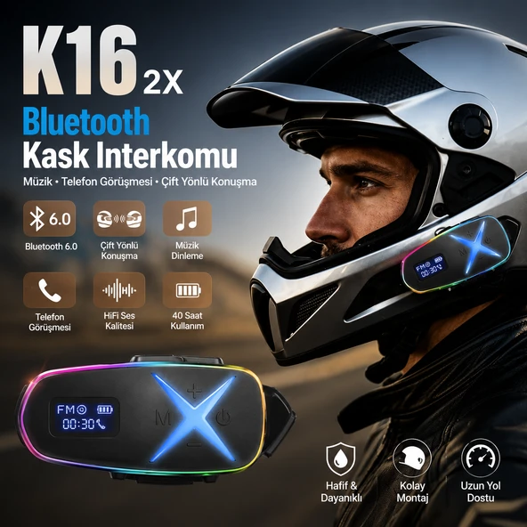 K16 2X Bluetooth Motosiklet Kask Interkomu Bluetooth 6.0 Çift Yönlü Konuşma Müzik Dinleme Telefon Görüşmesi Type C Şarjlı ürün görseli 1