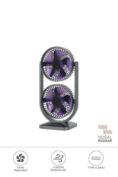 F-22 Şarjli Mini Fan | Taşınabilir Çift Başlıklı Sessiz Vantilatör | Type-C Girişli, 3 Kademel ürün görseli 1